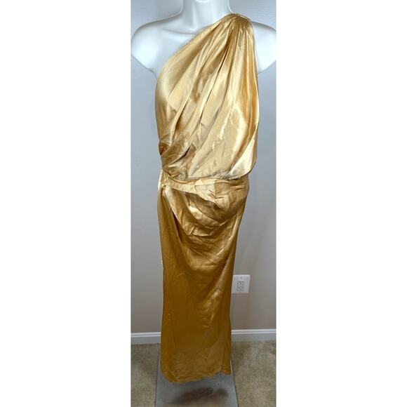 The Sei Asymmetrical Ruched Draped One Shoulder Silk Gold Maxi Dress Size 4 - Picture 3 of 9